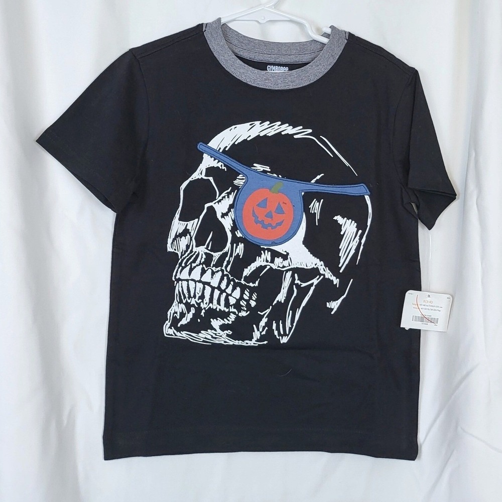 Gymboree Boys Black Skull Pumpkin Patch Short Sleeve Halloween Tee Small 5/6 NEW